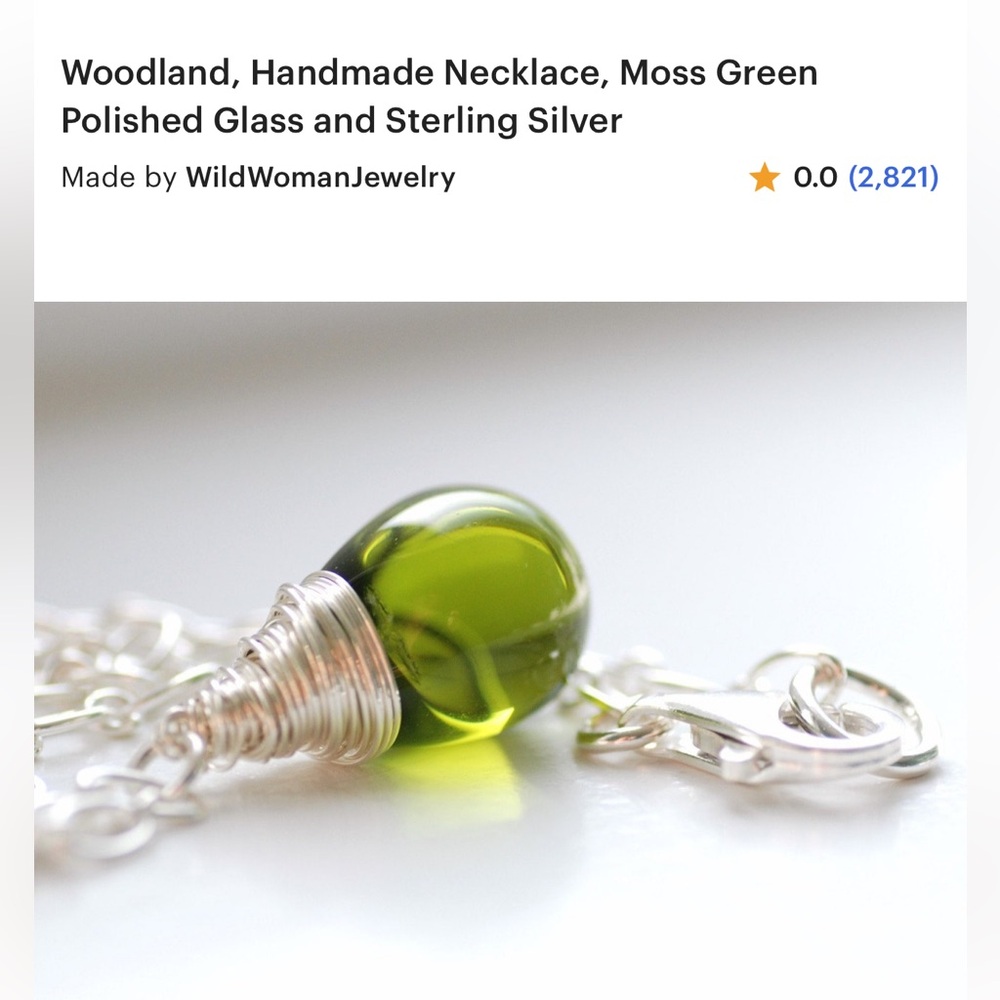 Woodland, Handmade Necklace, Moss Green Polished Glass and Sterling Silver